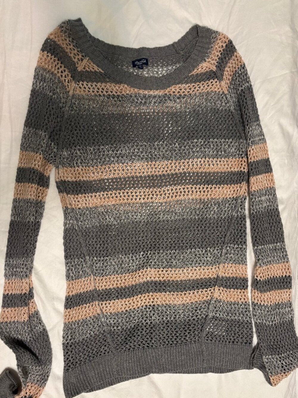 Splendid Open Knit Striped Sweater - Gray & Tan - Size Medium